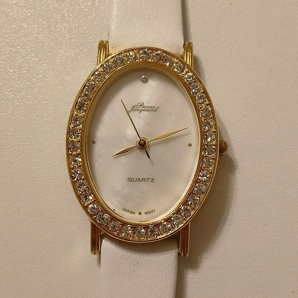 VTG 90s Pierre Jacquard Women's Watch Gold Oval Rhinestone Bezel MOP Dial